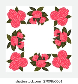 A frame decorated with a border of bright pink roses on all sides. Vector illustration isolated on a white background.