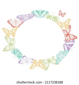 Frame decorated by butterflies. Insects with different shaped wings. Space for text. Wedding invitation or social media post. Vector illustration. 