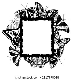 Frame decorated by butterflies. Insects with different shaped wings. Space for text. Wedding invitation or social media post. Vector illustration. 