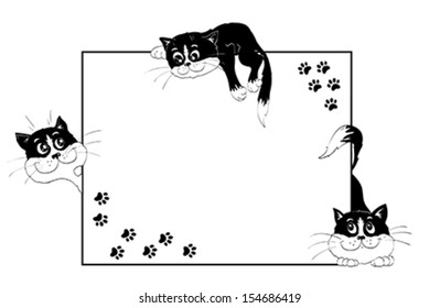 Frame decorated with cheerful playful black-and-white kittens and cat's steps on isolated white background