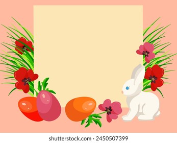 Frame decorated with colored eggs, Easter bunny, grass and red poppies on peach background. Copy space. Vector illustration for banner, poster, shop window.