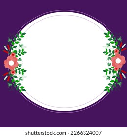 Frame Decorated With Colorful Flowers And Foliage Arranged Harmoniously. Empty Poster Border Surrounded By Multicolored Bouquet Organized Pleasantly. Dark Purple color.