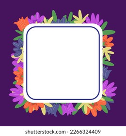 Frame Decorated With Colorful Flowers And Foliage Arranged Harmoniously. Empty Poster Border Surrounded By Multicolored Bouquet Organized Pleasantly. Dark Purple color.