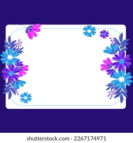 Frame Decorated With Colorful Flowers And Foliage Arranged Harmoniously. Empty Poster Border Surrounded By Multicolored Bouquet Organized Pleasantly. Dark Blue color.