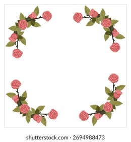 A frame decorated with five lush, elegant dusty pink roses on a stem in each corner. Vector illustration isolated on a white background.
