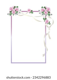 Frame decorated with flower bouquets, pink roses bouquet, and ribbons on white background. Vector illustration.