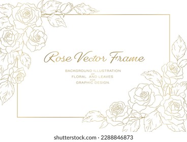Frame decorated with illustrations of roses, card template material, and golden line drawing on white background.
