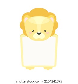 Frame decorated with lion cub head. Photo album, note book page, notes, memories and stickers with lovely baby animal cartoon vector illustration