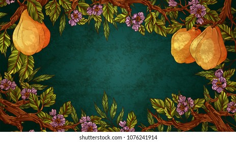 Frame decorated with quince fruits and flowers