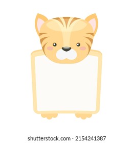 Frame decorated with tiger cub head. Photo album, note book page, notes, memories and stickers with lovely baby animal cartoon vector illustration