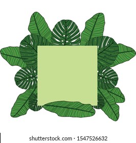 Frame decorated with tropical leaves. Summer banner. Vector illustration. - Vector. with square frame in the centre