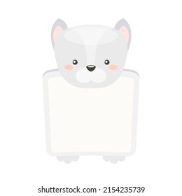 Frame decorated with wolf cub head. Photo album, note book page, notes, memories and stickers with lovely baby animal cartoon vector illustration