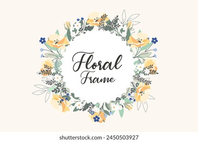Frame decoration of branches, leaves, flowers, berries in vector, flat style.