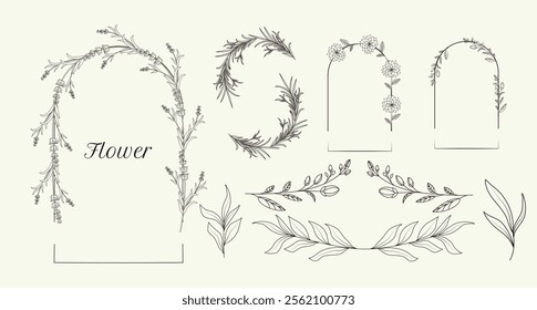 Frame and decoration. Single line. Minimalistic herbal botanical set of border. Collection of trendy hand drawn flowers. Single clip art. Silhouette. Elements. Cut out. Circles textbox. Boho. Floral