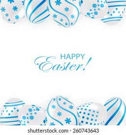Frame from decorative Easter eggs with blue patterns on white background, illustration.
