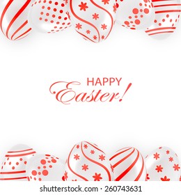 Frame from decorative Easter eggs with red patterns on white background, illustration.