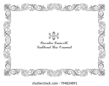 Frame with decorative elements of traditional Thai ornament. Stock vector illustration. Outline hand drawing.
