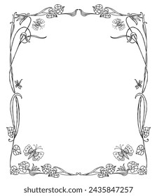 Frame decorative floral outlines flowers leaves tendrils butterflies hand drawn vector illustration vintage style background greeting card