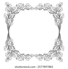 Frame decorative from hand drawin oak branches, vector illustration isolated on white