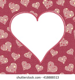 Frame with decorative hearts. Heart shape frame on dark red background filled with various hearts forms decorated with hand drawn circles. Use: greeting card, post card, invitation, save date, flyer 