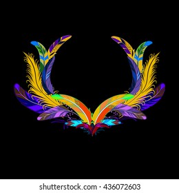 Frame with decorative rooster feathers.