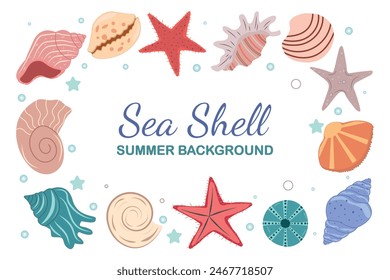 Frame with decorative seashells and starfish. Wreath with sea elements and place for text. Banner template for greeting cards and invitations. Undersea world. Marine vector background.