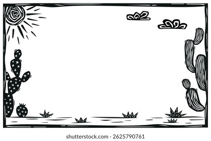 Frame with desert landscape on the sides, with cactus, sun and flying birds. Horizontal illustration in woodcut style.