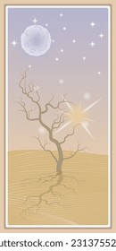 Marco con desierto, árbol solitario sin follaje, sol, luna enorme - para impresiones enmarcadas en la pared, huellas de lienzo, afiche, decoración casera