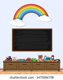 Frame design with board and toys and rainbow illustration