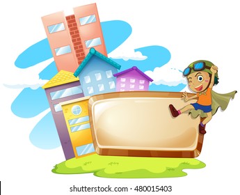 Frame design with boy being hero illustration