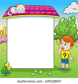 Frame design with boy and his cat illustration. EPS10 File simple Gradients, All in separate layer and group for easy editing.