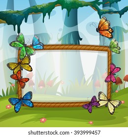 Frame design with butterflies in garden illustration