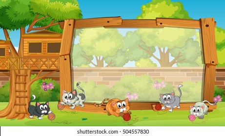 Frame design with cats in garden illustration