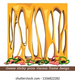Frame for Design Cheese Melt Stretches and Vegetables, Pepper, Sausage, Olives. Holes. Appetizing Food. The layers are grouped, convenient to use. Colorful hand drawn vector stock illustration. 