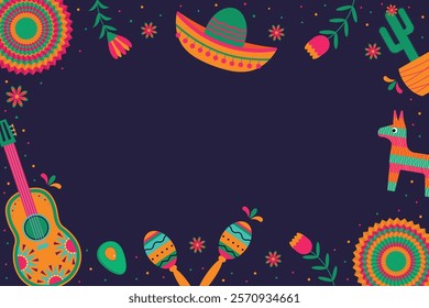 Frame design for Cinco de Mayo celebration. Festive bright frame with guitar, sambrero, piñata, maracas, paper fans, cactus and flowers. Vector horizontal template with copy space.