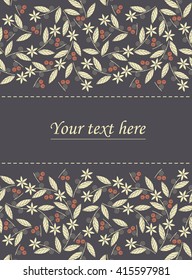 Frame design with cowberries, leaves and flowers isolated on purple background can be used for for invitations, cards and more creative designs. 