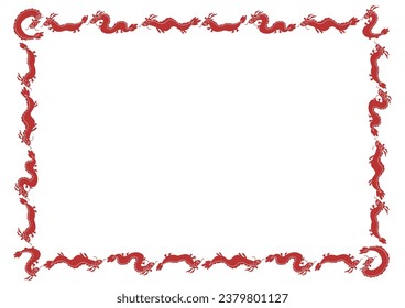 Frame design of cute red dragons. Vector illustration. Patterns of dragons and clouds in various poses.