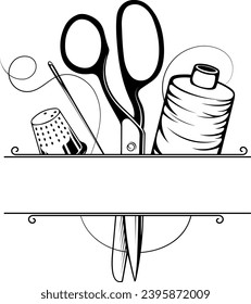 Frame design for cutting and sewing. Needle scissors and spool of thread silhouette