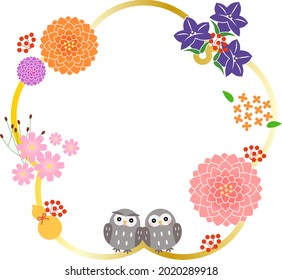 Frame design decorated with  autumn flowers and owls.