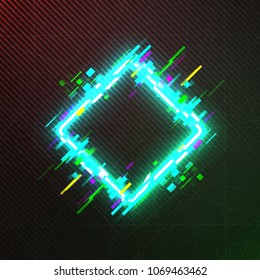 the frame design of the diamond with neon glow, glitch and explosion effect on the modern background, retro logo. Design for a banner, poster, website, brochure vector illustration