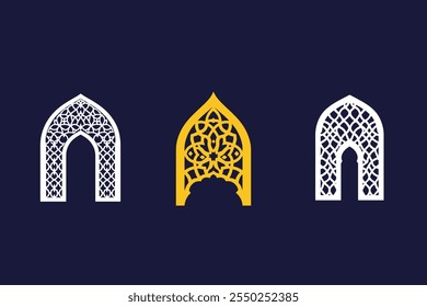 frame design element, Islamic geometric ornament, shaped mosque dome, black and white. Suitable for mosque decoration, mosque mihrab