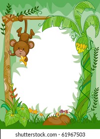 Frame Design Featuring a Monkey Eating Bananas in the Jungle - Vector