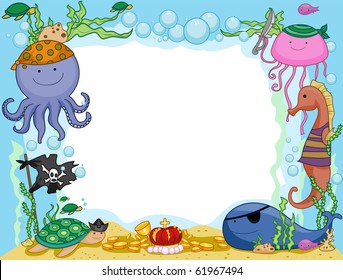 Frame Design Featuring Pirate Animals Underwater - Vector