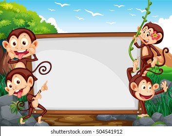 Frame design with four monkeys in the field illustration