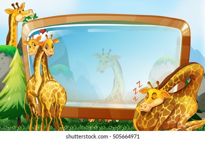 Frame design with giraffe in garden illustration