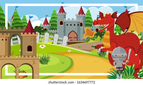 Frame design with knight and red dragon by the castle illustration