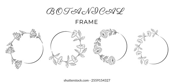 Frame for design. Minimalistic Herbal Botanical set of border. Collection of trendy modern hand drawn flowers. Single line art and clip art.  Silhouette for wedding design. Bubbles