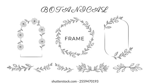 Frame for design. Minimalistic Herbal Botanical set of border. Collection of trendy modern hand drawn flowers. Single line art and clip art. Silhouette for wedding design. Branch, stem, petals, leaves