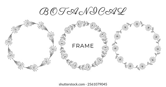 Frame for design. Minimalistic herbal botanical set border. Collection of trendy hand drawn flowers. Single line art. clip art.  Silhouette. Elements. Cut out. Speech bubbles. Png. Circles. Scribbles