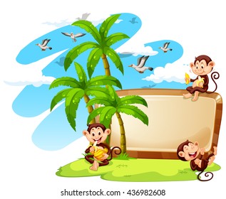 Frame design with monkeys and coconut trees illustration